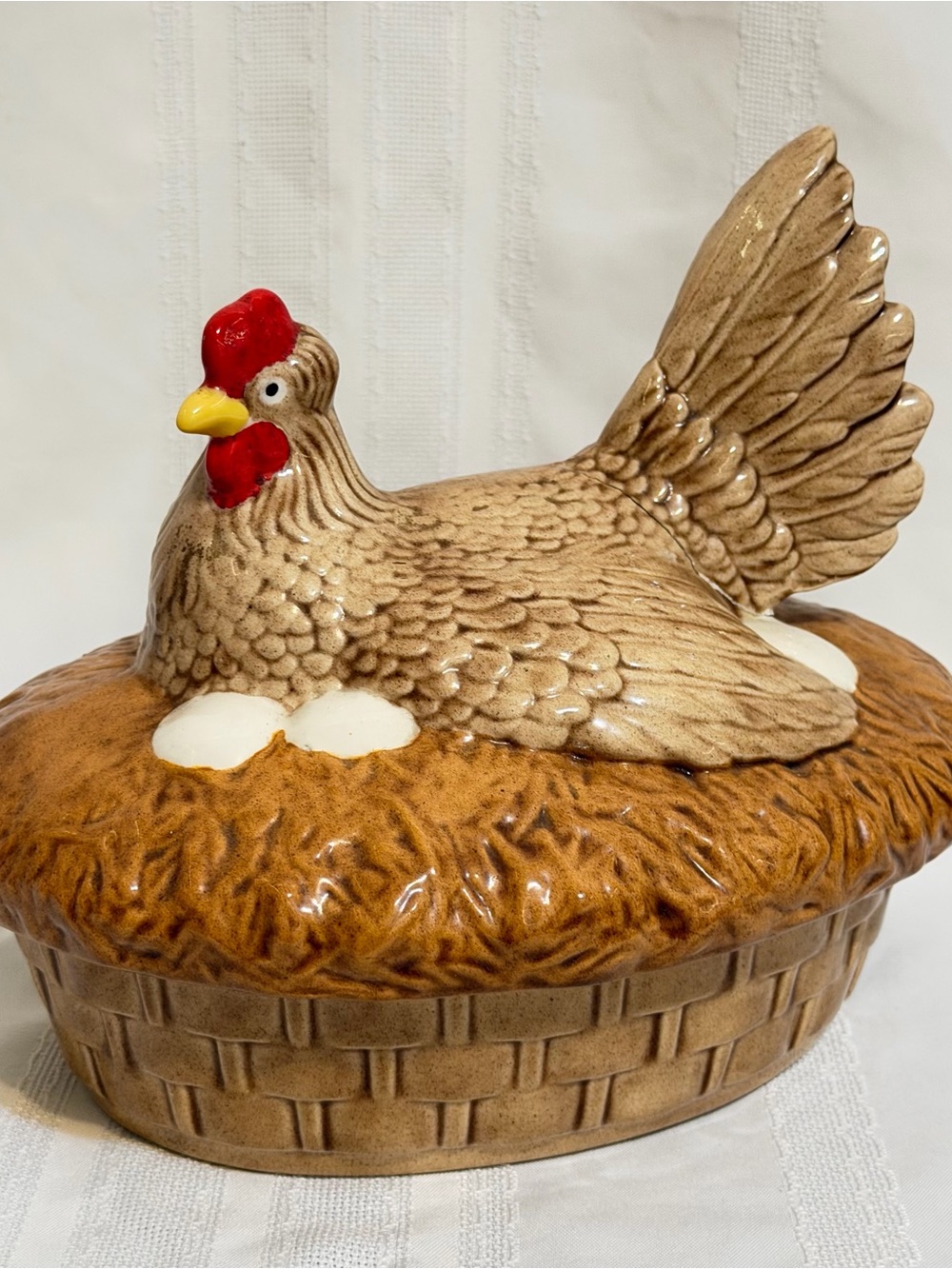 As Is- Atlantic Mold Hen on Nest Cookie Jar Canister w/ Lid Chicken Basket Weave